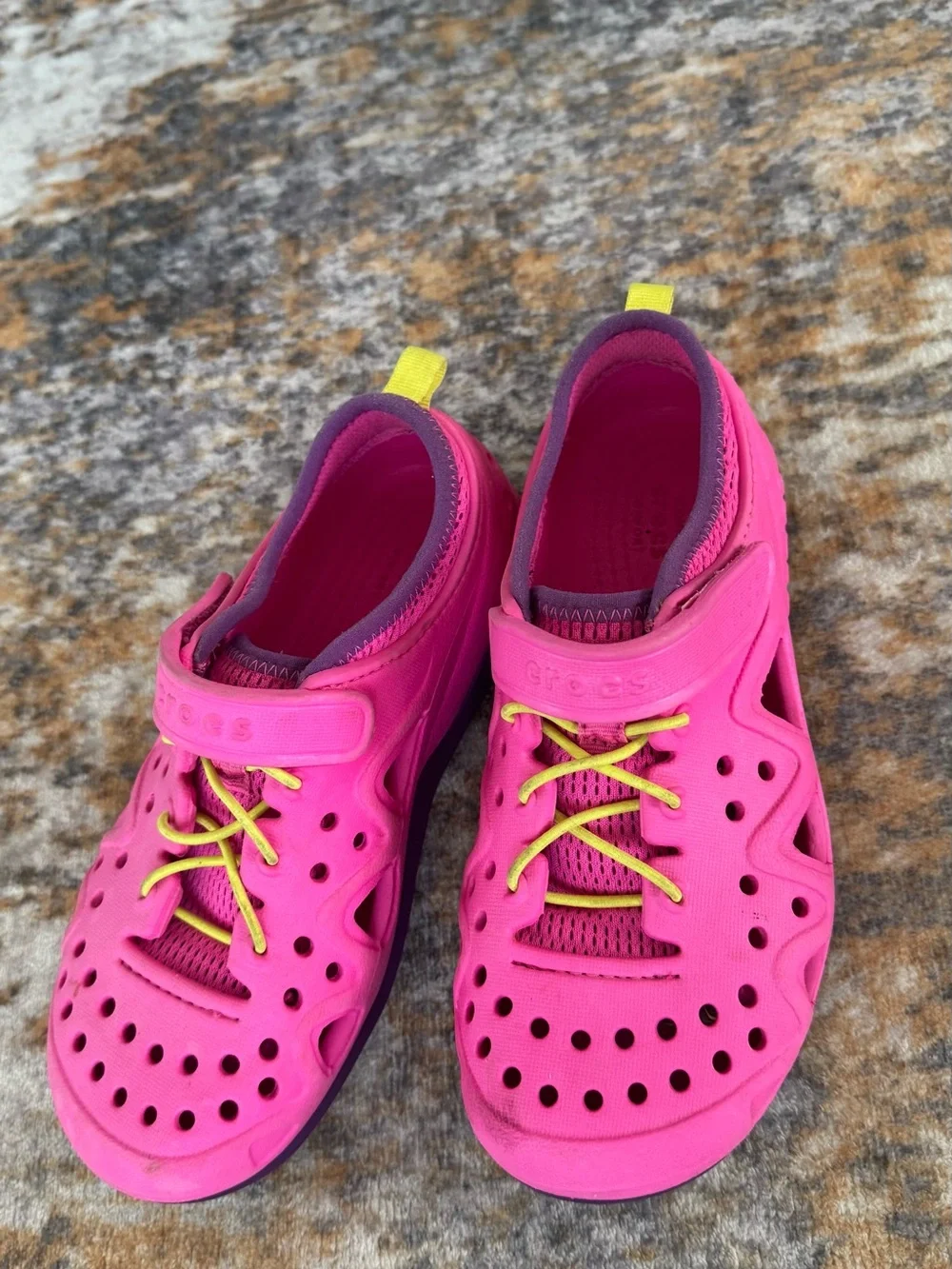CROCS Kids Hot Pink Water Shoes with Yellow Laces